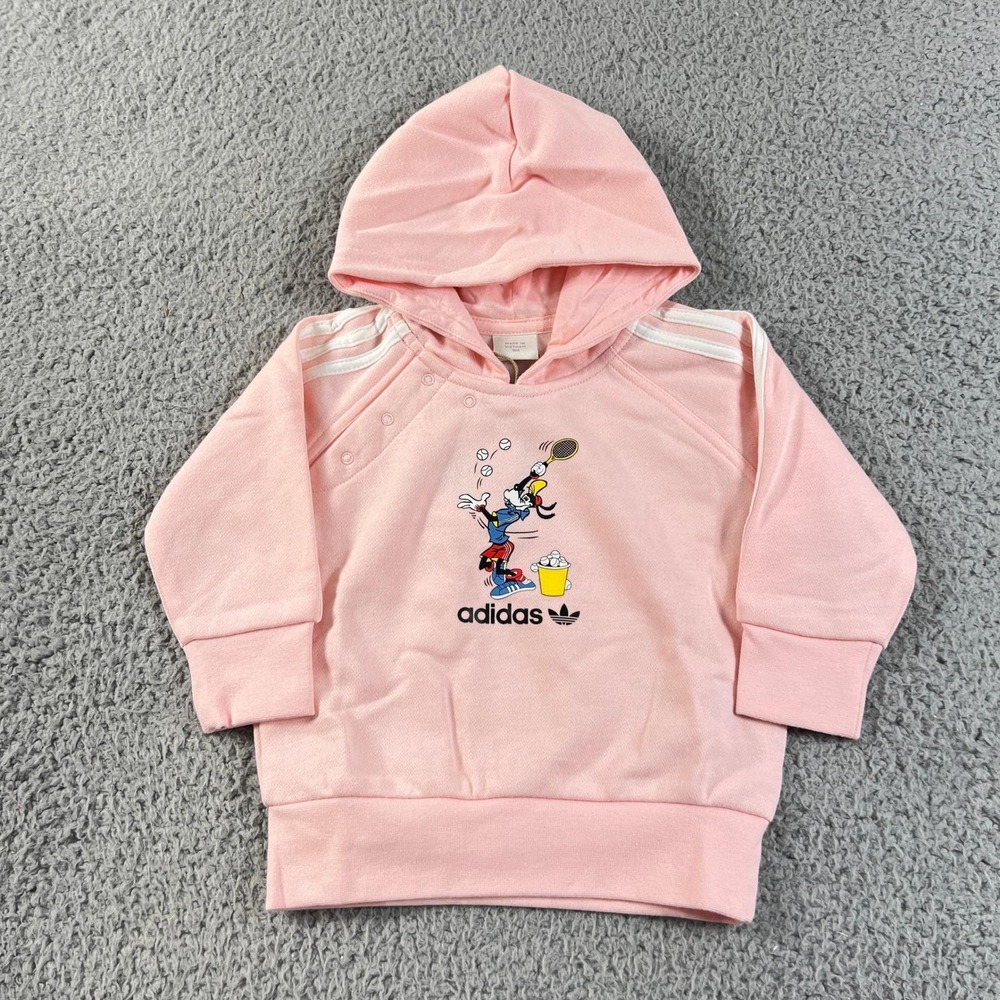 Adidas Goofy Hoodie Kids 9M Pink Disney Tennis Graphic Fleece Sweatshirt VTG